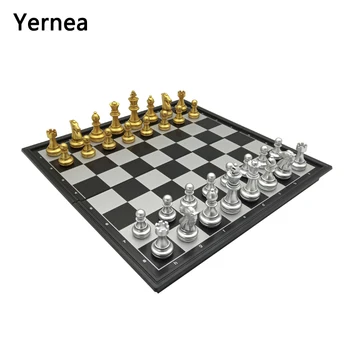 Yernea Manyetik Satranç tahtası Oyun Seti Yeni Katlanır Satranç Tahtası Plastik Manyetik Satranç Taşları Altın ve Gümüş Renk Adet