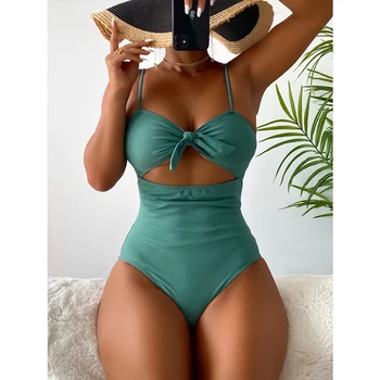 Yeşil Cut-out Düğüm Kravat Tek Parça Mayo Karın Kontrol mayo Kadın Monokini Bikini Mayo Mayo 2022