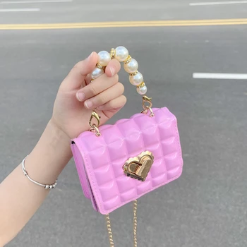 Çocuk bozuk para cüzdanı askılı çanta Sevimli Bebek Kız Küçük omuz çantaları Prenses Aksesuarları İnci Kolu Zincir Kılıfı Çanta